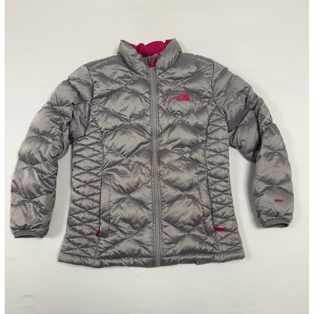 The North Face 550 Fill Down‎ Puffer Jacket Girls L 14-16 Silver Pink Zip Up